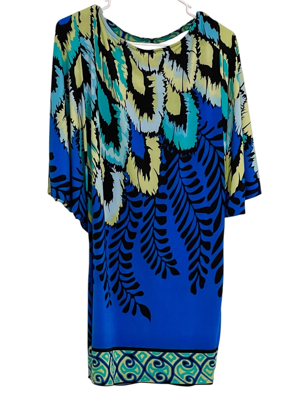 Halebob Abstract Tropical Print Tunic Dress XS Batwing 3/4 Sleeve Resort Boho